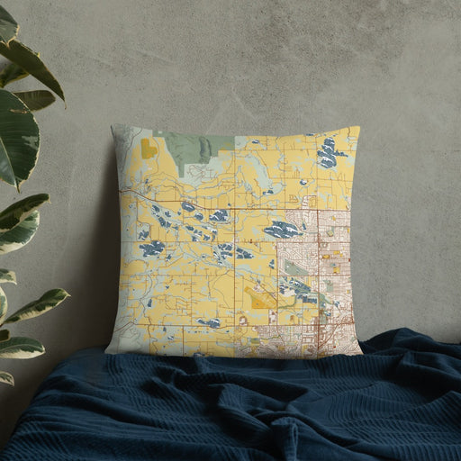 Custom Hygiene Colorado Map Throw Pillow in Woodblock on Bedding Against Wall