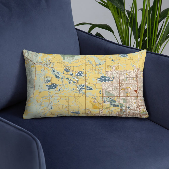 Custom Hygiene Colorado Map Throw Pillow in Woodblock on Blue Colored Chair