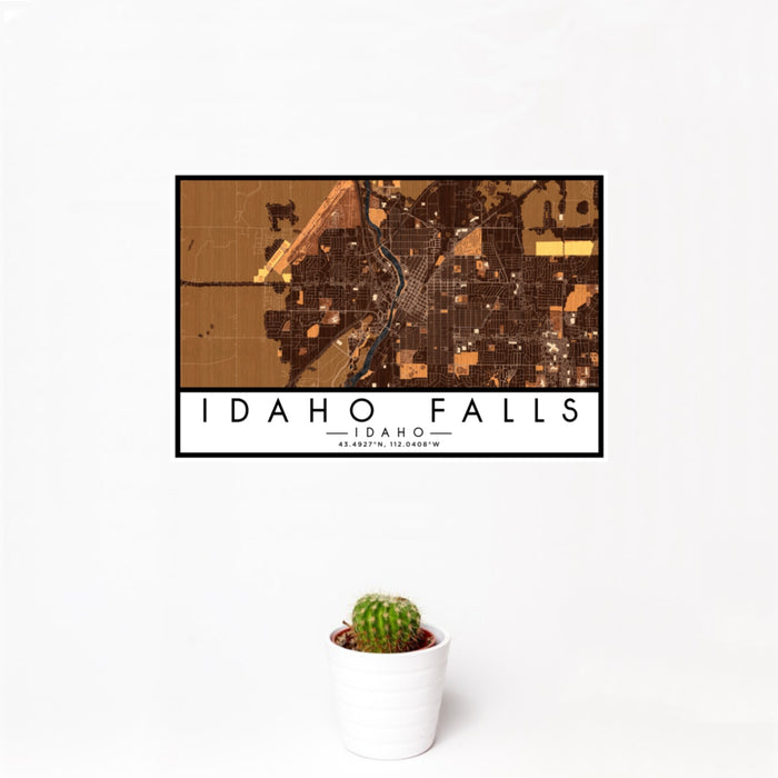 12x18 Idaho Falls Idaho Map Print Landscape Orientation in Ember Style With Small Cactus Plant in White Planter