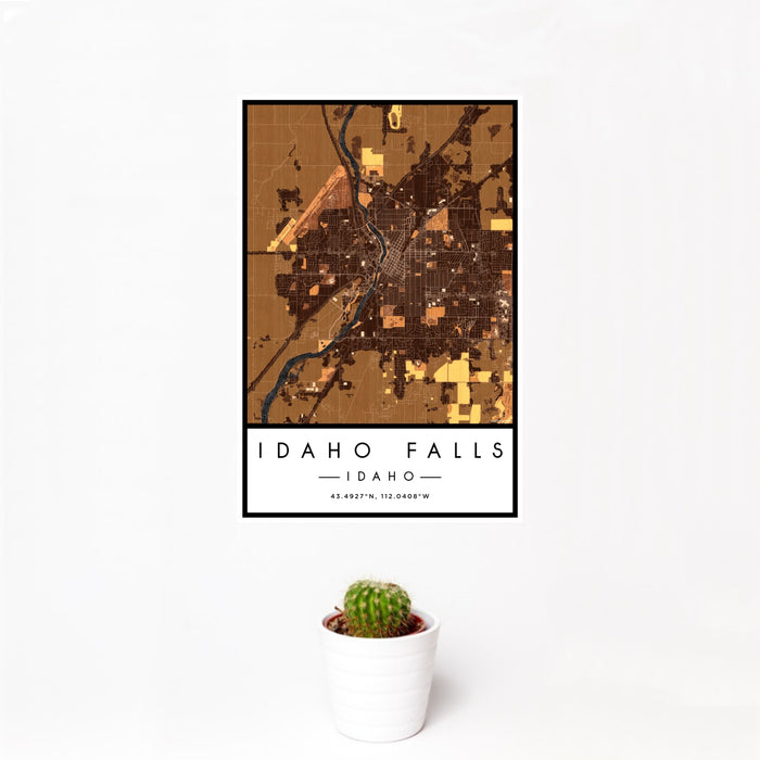 12x18 Idaho Falls Idaho Map Print Portrait Orientation in Ember Style With Small Cactus Plant in White Planter
