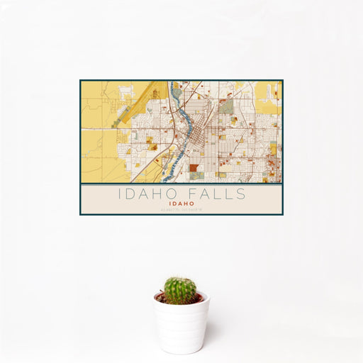 12x18 Idaho Falls Idaho Map Print Landscape Orientation in Woodblock Style With Small Cactus Plant in White Planter