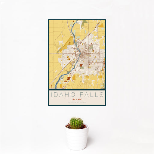 12x18 Idaho Falls Idaho Map Print Portrait Orientation in Woodblock Style With Small Cactus Plant in White Planter