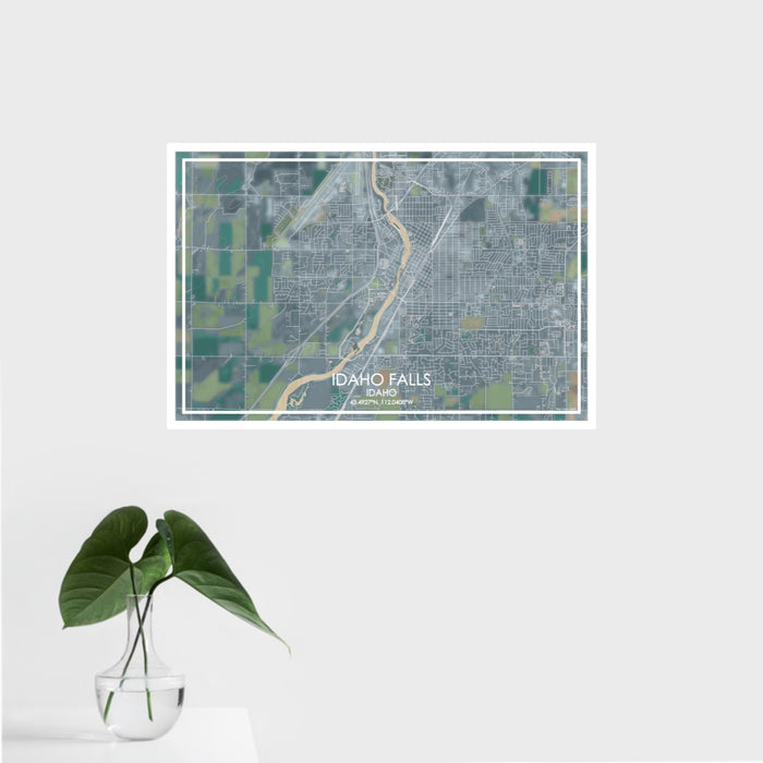 16x24 Idaho Falls Idaho Map Print Landscape Orientation in Afternoon Style With Tropical Plant Leaves in Water