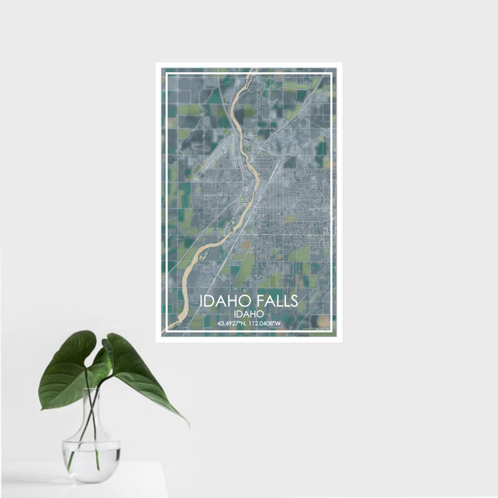 16x24 Idaho Falls Idaho Map Print Portrait Orientation in Afternoon Style With Tropical Plant Leaves in Water