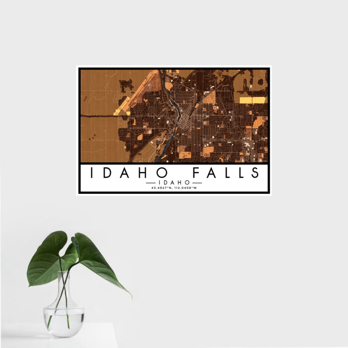16x24 Idaho Falls Idaho Map Print Landscape Orientation in Ember Style With Tropical Plant Leaves in Water