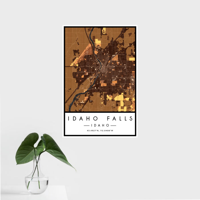 16x24 Idaho Falls Idaho Map Print Portrait Orientation in Ember Style With Tropical Plant Leaves in Water