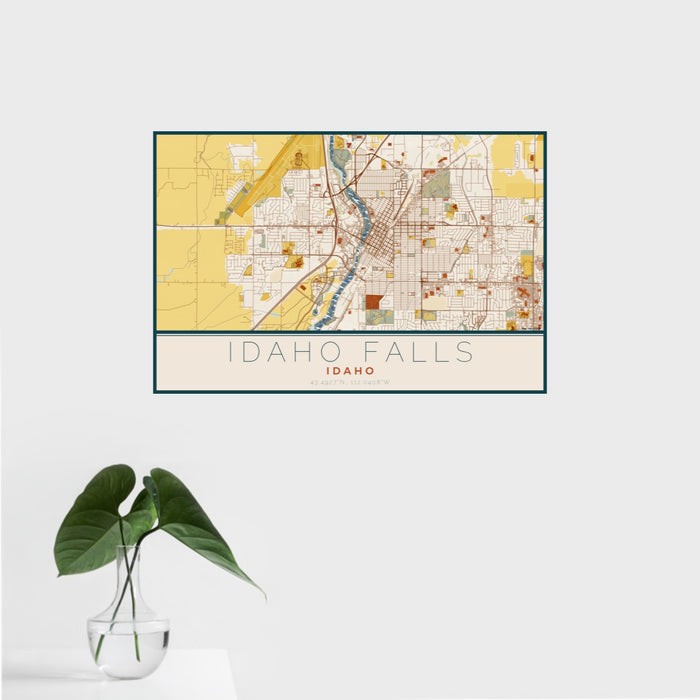 16x24 Idaho Falls Idaho Map Print Landscape Orientation in Woodblock Style With Tropical Plant Leaves in Water