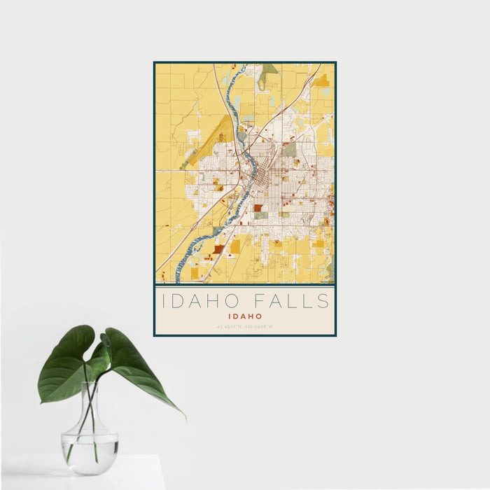 16x24 Idaho Falls Idaho Map Print Portrait Orientation in Woodblock Style With Tropical Plant Leaves in Water