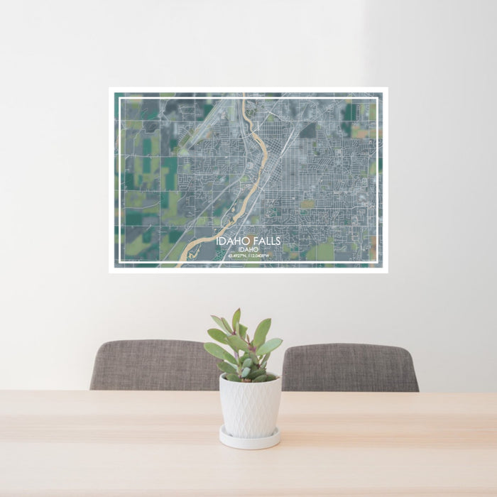 24x36 Idaho Falls Idaho Map Print Lanscape Orientation in Afternoon Style Behind 2 Chairs Table and Potted Plant