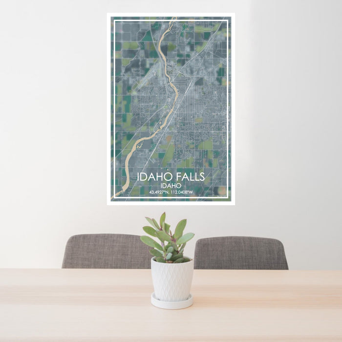 24x36 Idaho Falls Idaho Map Print Portrait Orientation in Afternoon Style Behind 2 Chairs Table and Potted Plant