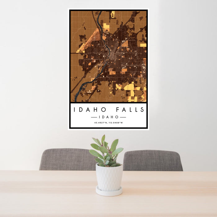 24x36 Idaho Falls Idaho Map Print Portrait Orientation in Ember Style Behind 2 Chairs Table and Potted Plant