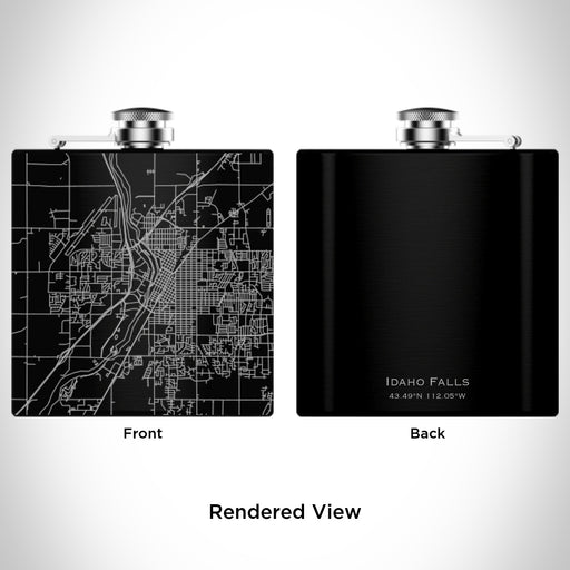 Rendered View of Idaho Falls Idaho Map Engraving on 6oz Stainless Steel Flask in Black