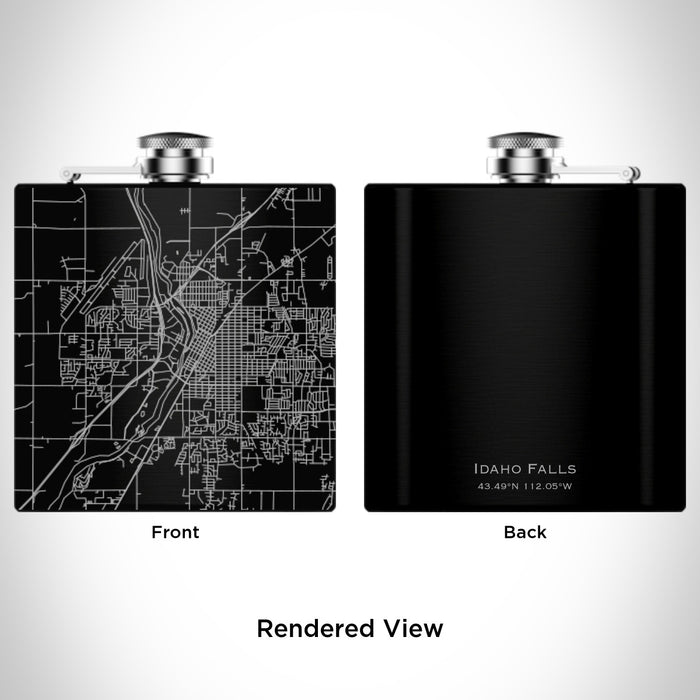 Rendered View of Idaho Falls Idaho Map Engraving on 6oz Stainless Steel Flask in Black