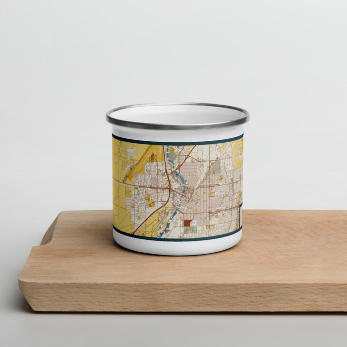 Front View Custom Idaho Falls Idaho Map Enamel Mug in Woodblock on Cutting Board
