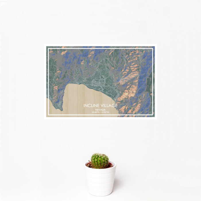 12x18 Incline Village Nevada Map Print Landscape Orientation in Afternoon Style With Small Cactus Plant in White Planter