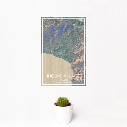 12x18 Incline Village Nevada Map Print Portrait Orientation in Afternoon Style With Small Cactus Plant in White Planter