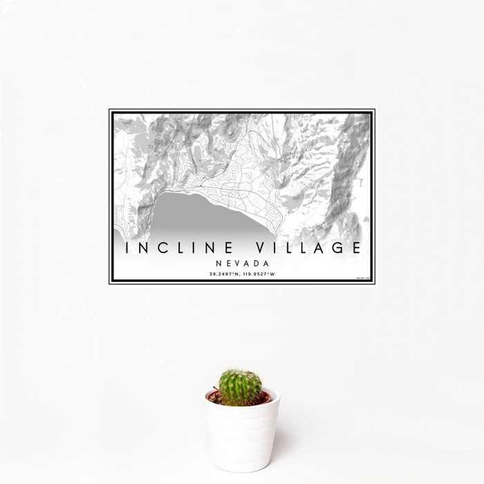 12x18 Incline Village Nevada Map Print Landscape Orientation in Classic Style With Small Cactus Plant in White Planter