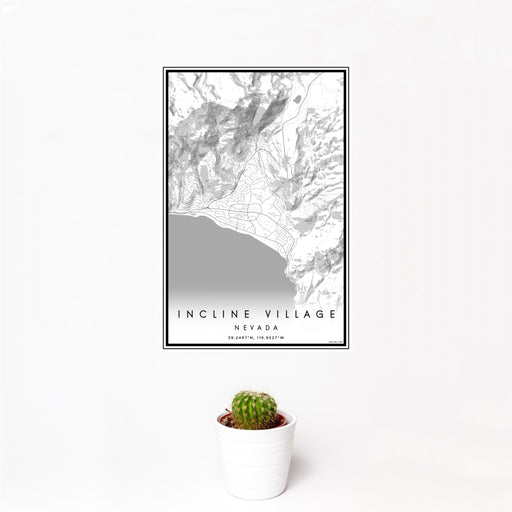 12x18 Incline Village Nevada Map Print Portrait Orientation in Classic Style With Small Cactus Plant in White Planter