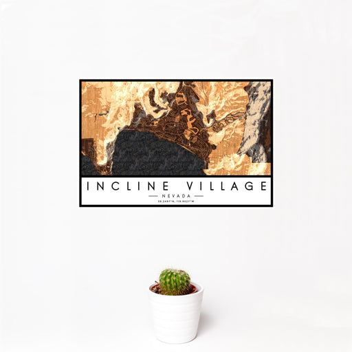 12x18 Incline Village Nevada Map Print Landscape Orientation in Ember Style With Small Cactus Plant in White Planter