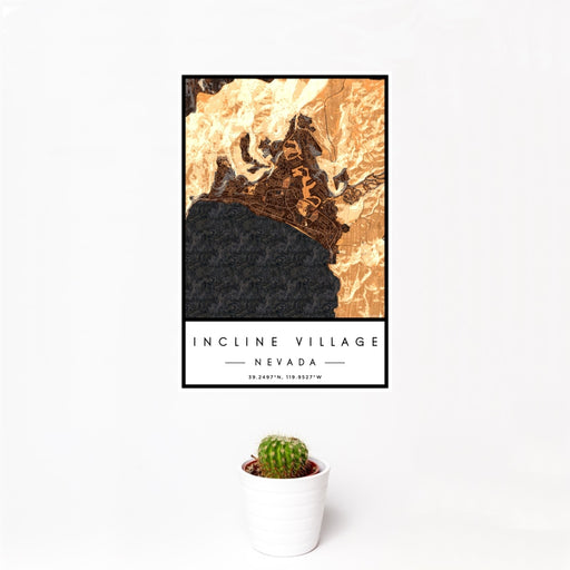 12x18 Incline Village Nevada Map Print Portrait Orientation in Ember Style With Small Cactus Plant in White Planter