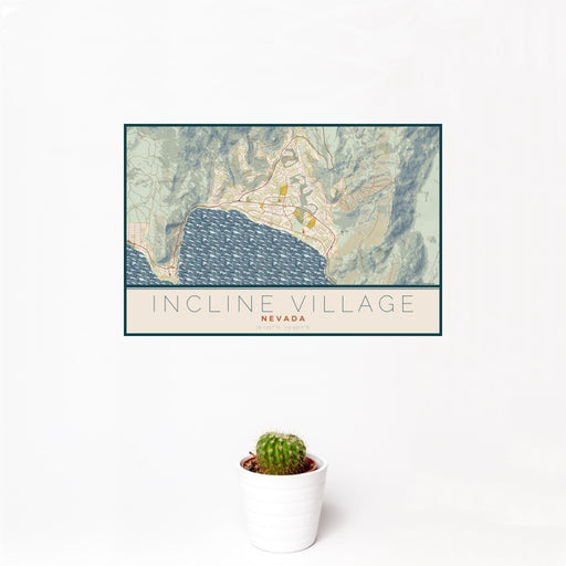 12x18 Incline Village Nevada Map Print Landscape Orientation in Woodblock Style With Small Cactus Plant in White Planter