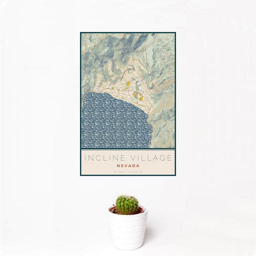 12x18 Incline Village Nevada Map Print Portrait Orientation in Woodblock Style With Small Cactus Plant in White Planter