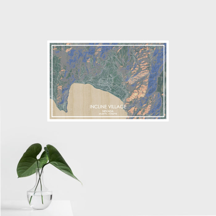 16x24 Incline Village Nevada Map Print Landscape Orientation in Afternoon Style With Tropical Plant Leaves in Water