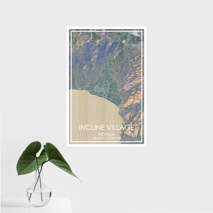 16x24 Incline Village Nevada Map Print Portrait Orientation in Afternoon Style With Tropical Plant Leaves in Water