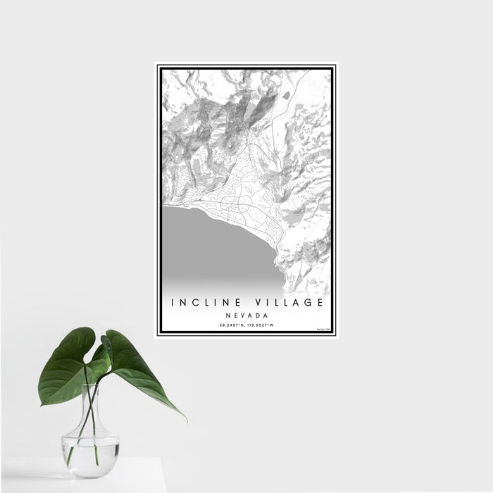 16x24 Incline Village Nevada Map Print Portrait Orientation in Classic Style With Tropical Plant Leaves in Water