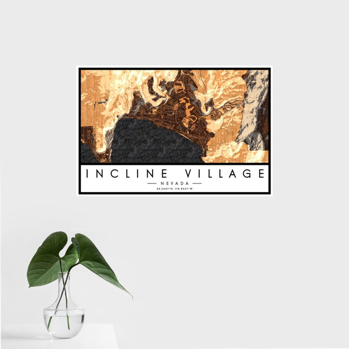 16x24 Incline Village Nevada Map Print Landscape Orientation in Ember Style With Tropical Plant Leaves in Water