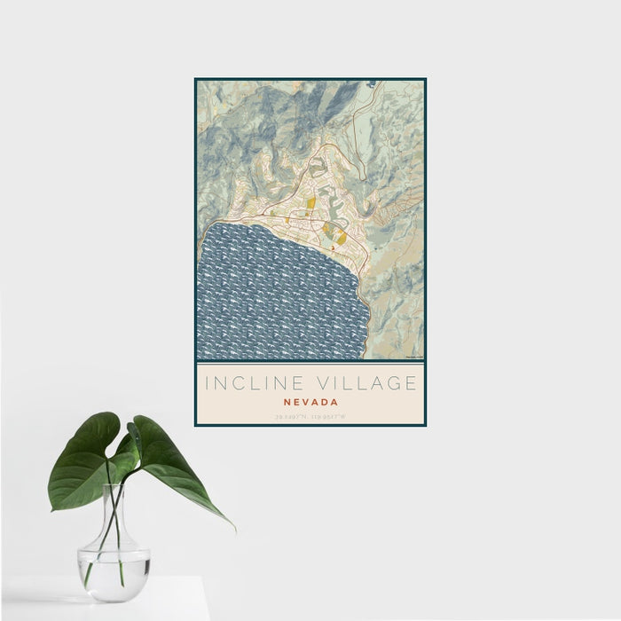 16x24 Incline Village Nevada Map Print Portrait Orientation in Woodblock Style With Tropical Plant Leaves in Water