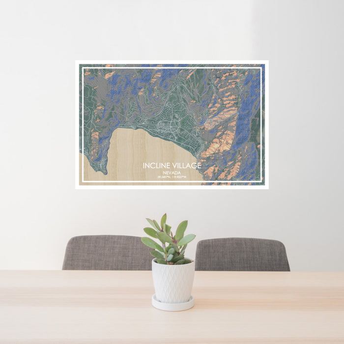 24x36 Incline Village Nevada Map Print Lanscape Orientation in Afternoon Style Behind 2 Chairs Table and Potted Plant