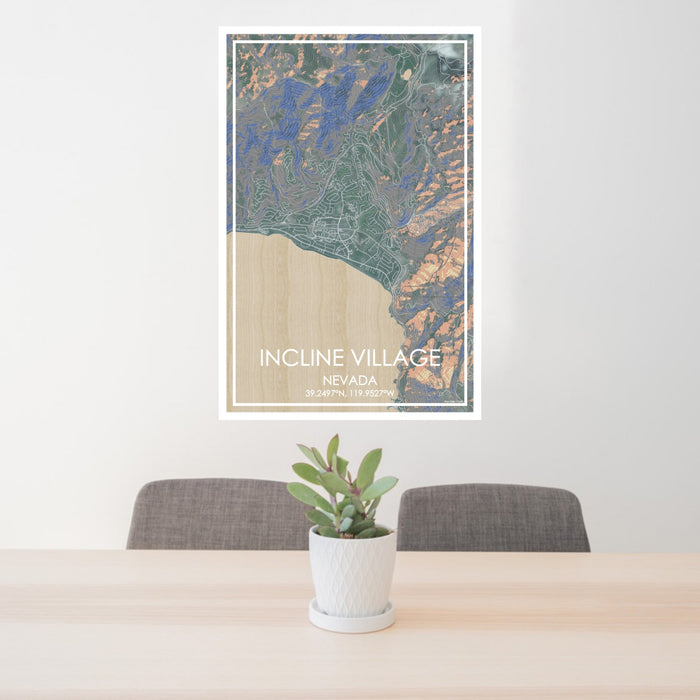 24x36 Incline Village Nevada Map Print Portrait Orientation in Afternoon Style Behind 2 Chairs Table and Potted Plant