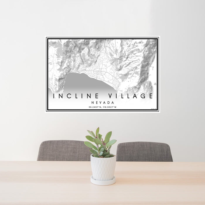 24x36 Incline Village Nevada Map Print Lanscape Orientation in Classic Style Behind 2 Chairs Table and Potted Plant