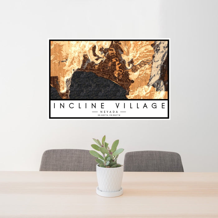 24x36 Incline Village Nevada Map Print Lanscape Orientation in Ember Style Behind 2 Chairs Table and Potted Plant