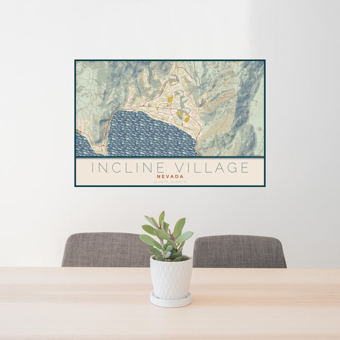 24x36 Incline Village Nevada Map Print Lanscape Orientation in Woodblock Style Behind 2 Chairs Table and Potted Plant