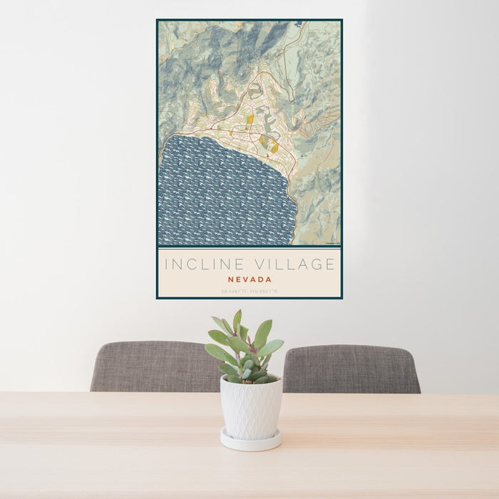 24x36 Incline Village Nevada Map Print Portrait Orientation in Woodblock Style Behind 2 Chairs Table and Potted Plant