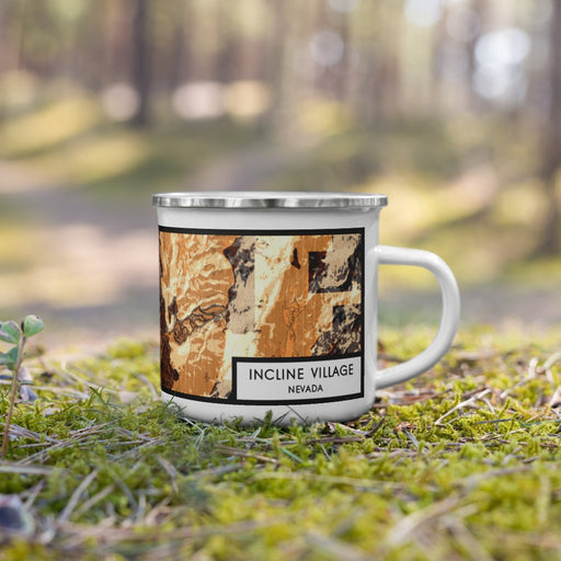 Right View Custom Incline Village Nevada Map Enamel Mug in Ember on Grass With Trees in Background