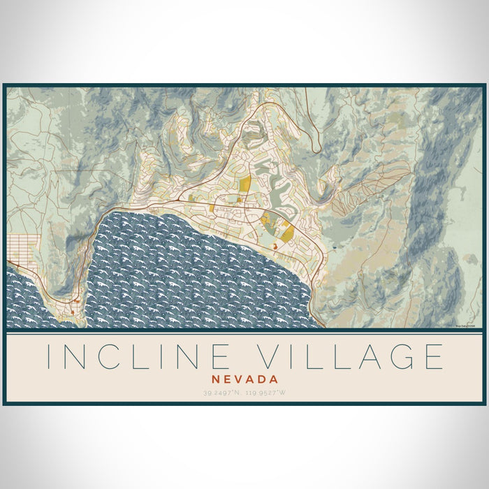 Incline Village Nevada Map Print Landscape Orientation in Woodblock Style With Shaded Background