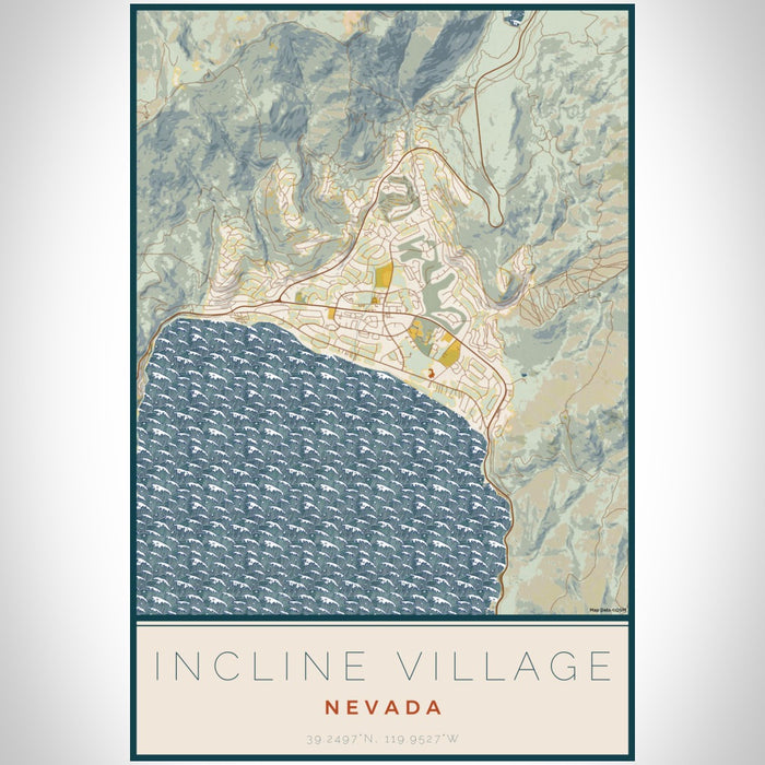 Incline Village Nevada Map Print Portrait Orientation in Woodblock Style With Shaded Background