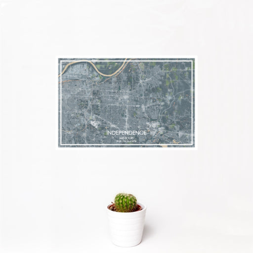 12x18 Independence Missouri Map Print Landscape Orientation in Afternoon Style With Small Cactus Plant in White Planter