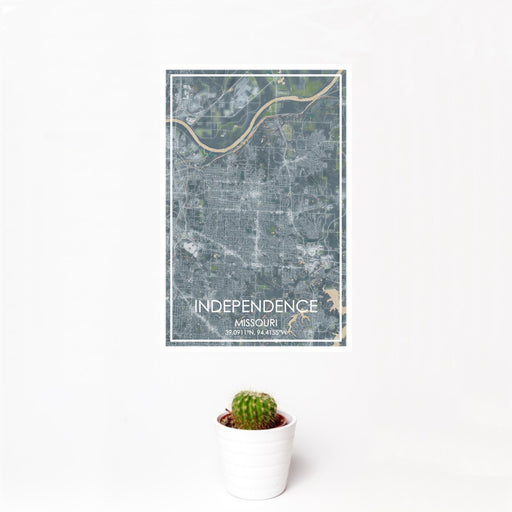 12x18 Independence Missouri Map Print Portrait Orientation in Afternoon Style With Small Cactus Plant in White Planter