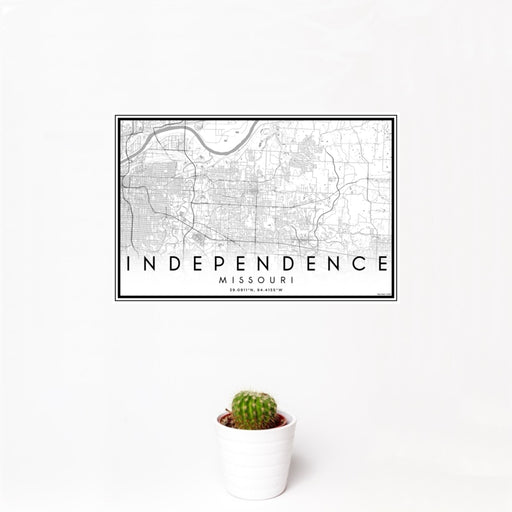 12x18 Independence Missouri Map Print Landscape Orientation in Classic Style With Small Cactus Plant in White Planter