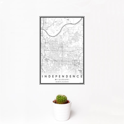 12x18 Independence Missouri Map Print Portrait Orientation in Classic Style With Small Cactus Plant in White Planter