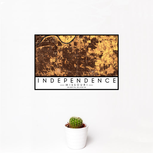 12x18 Independence Missouri Map Print Landscape Orientation in Ember Style With Small Cactus Plant in White Planter