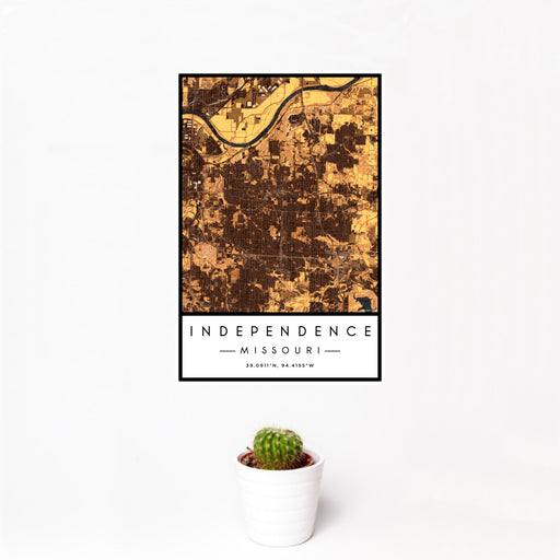 12x18 Independence Missouri Map Print Portrait Orientation in Ember Style With Small Cactus Plant in White Planter