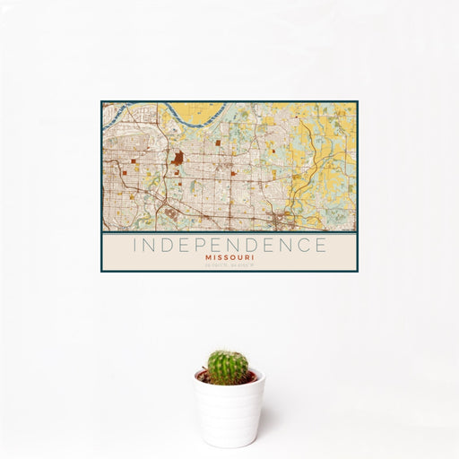 12x18 Independence Missouri Map Print Landscape Orientation in Woodblock Style With Small Cactus Plant in White Planter