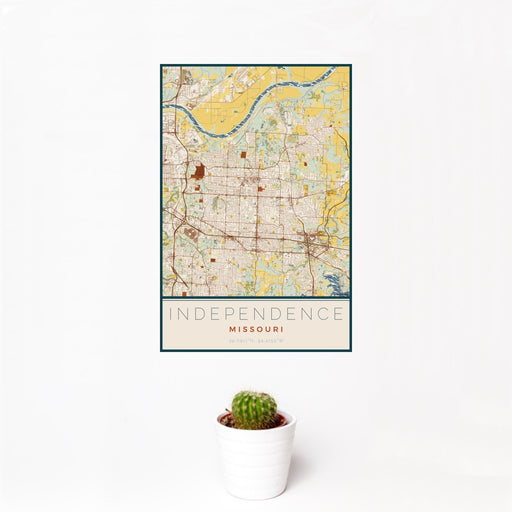 12x18 Independence Missouri Map Print Portrait Orientation in Woodblock Style With Small Cactus Plant in White Planter