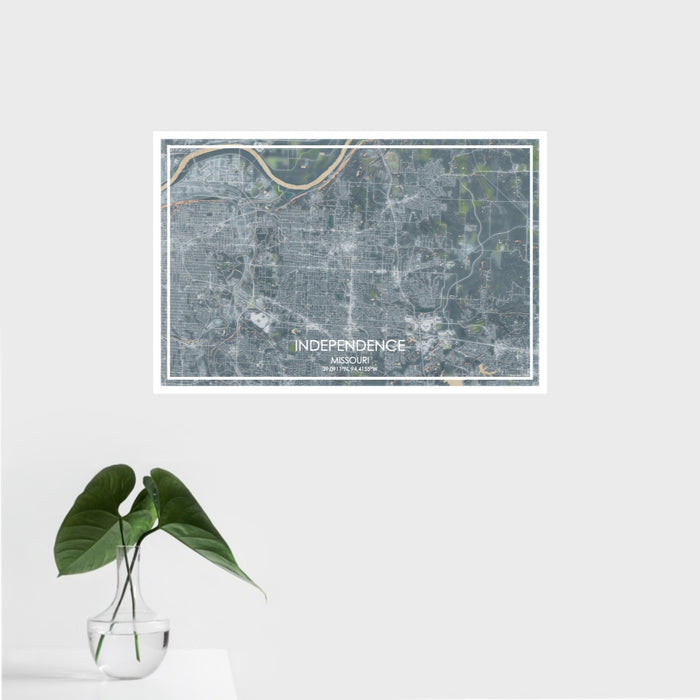 16x24 Independence Missouri Map Print Landscape Orientation in Afternoon Style With Tropical Plant Leaves in Water
