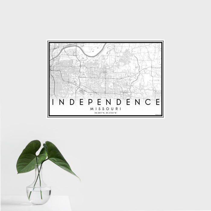 16x24 Independence Missouri Map Print Landscape Orientation in Classic Style With Tropical Plant Leaves in Water